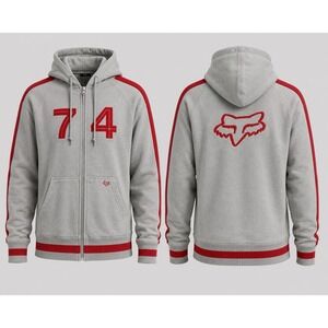 Y2K Fox Racing Fleece Jacket Mens XL  GRY RED TRIM  Full Zip  HOODED VARSITY